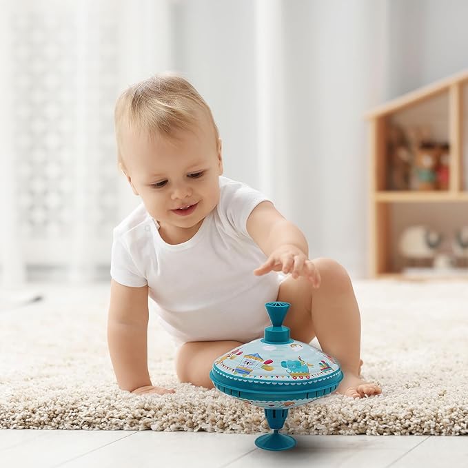Humming Top Tin Spinning Top for Baby 18 Months and up, Classic Retro Toys for Toddler, Pump Spinner with Base, Parade Fun 7.9” Large Size