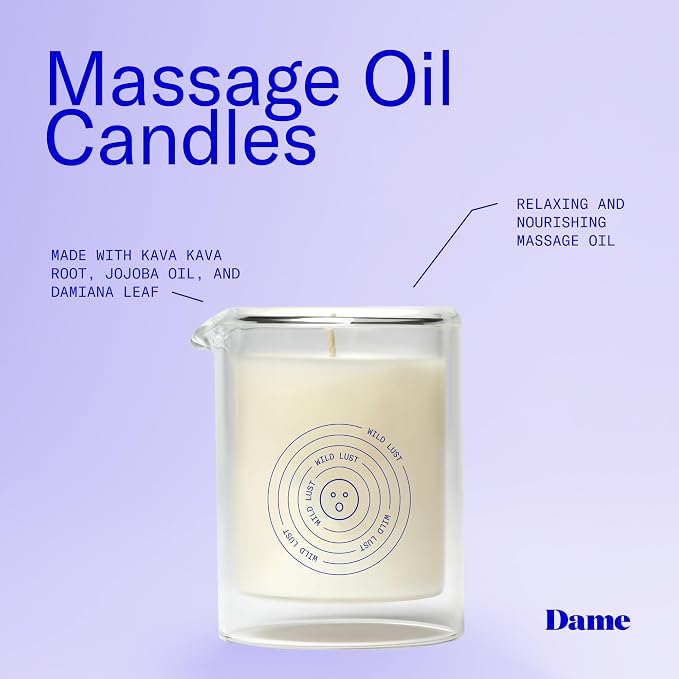 Dame Products Massage Oil Candle, Plant-Based Skin & Body Candle for Relaxing Massage, Moisturizing & Calming Aromatherapy Candle with Kava Kava, Vegan, Non-Toxic, Lime Leaves, Ambrette & White Peach