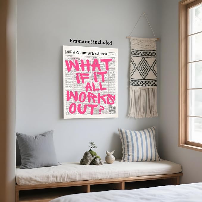 LEKDRA What If It All Works Out Poster Retro Newspaper Pink Wall Art Positive Affirmation Quote Minimalist Canvas Painting Prints Wall Decor Aesthetic for Home Bedroom Office 16x24inch Unframed