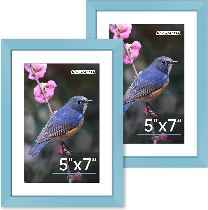 FIXSMITH 5x7 Picture Frame Set of 2, Blue Photo Frame with HD Plexiglass, Display Pictures 4x6 with Mat or 5x7 Without Mat Multi Picture Frames Collage for Tabletop or Wall Display