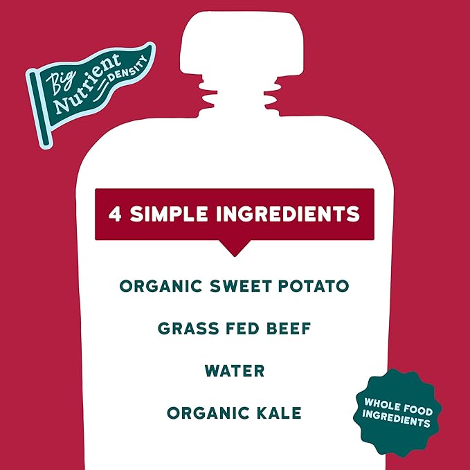 Serenity Kids 6+ Months Baby Food Pouches - 5g Protein Boost with Grass Fed Beef - No Added Sugar Organic Veggie Puree Pouches - On-the-Go Toddler Food Pack - 3.5 Oz, Pack of 12