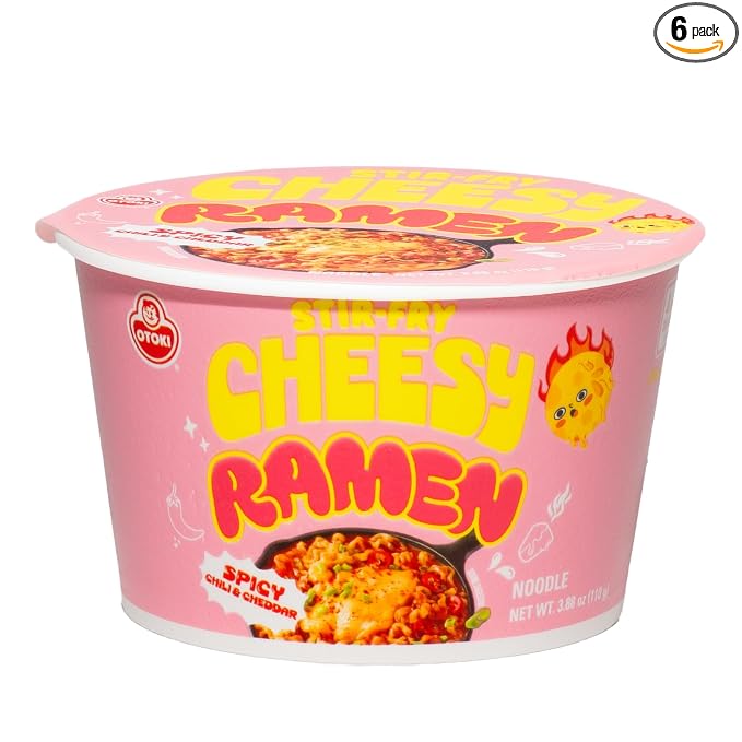 Otoki Spicy Cheesy Ramen Bowl, Mac & Cheese Meets Ramen, Spicy Chili Cheddar Flavor, Korean Instant Ramen Bowl, 3.88 oz Pack of 6