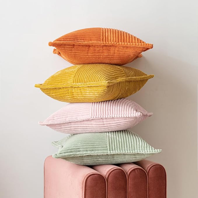 MIULEE Decorative Throw Pillow Covers for Couch 20x20 Inch Pink 2 Pack | Boho Broadside Striped Patchwork Pillow Covers, Soft Corduroy Cushion Cases, For Sofa Bed Livingroom Home Decor