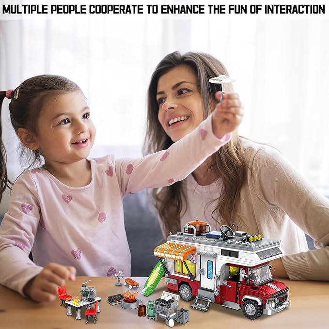 CSNRHG Camping Van Construction Toy 924 Pieces Building Block Set with Picnic Table Grill & Fire Scene Gift for Kids Teens & Vehicle Fans