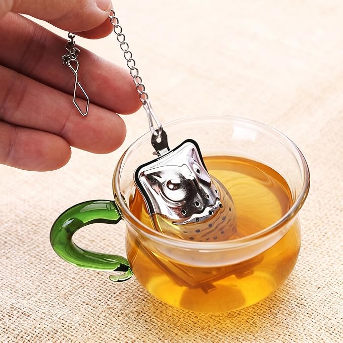 Elsjoy Set of 8 Loose Leaf Tea Infusers with Chain and 8 Drip Trays, 18/8 Stainless Steel Tea Balls Cute Tea Steepers, Mini Tea Strainer Tea Filter Set for Mugs, Tea Cups, Teapots, 16 Pcs