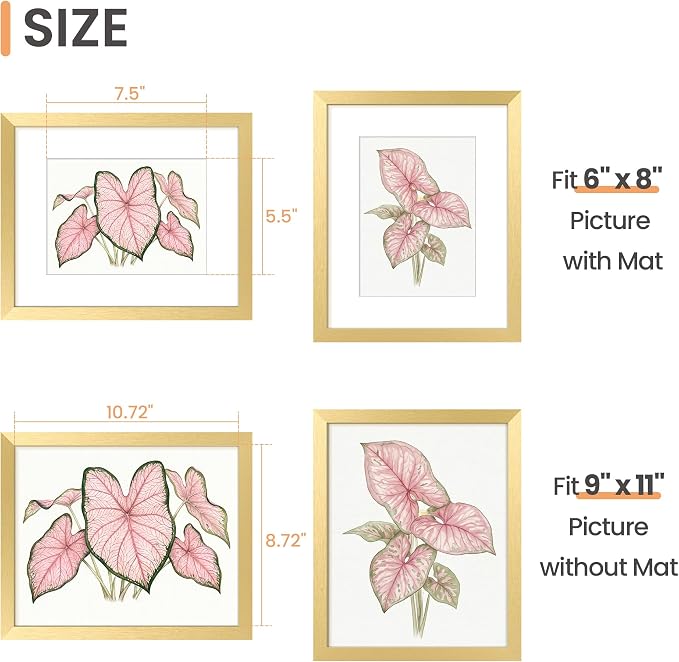 upsimples 9x11 Picture Frame, Display Pictures 6x8 with Mat or 9x11 Without, Wall Hanging Photo Frame, Gold, 1 Pack