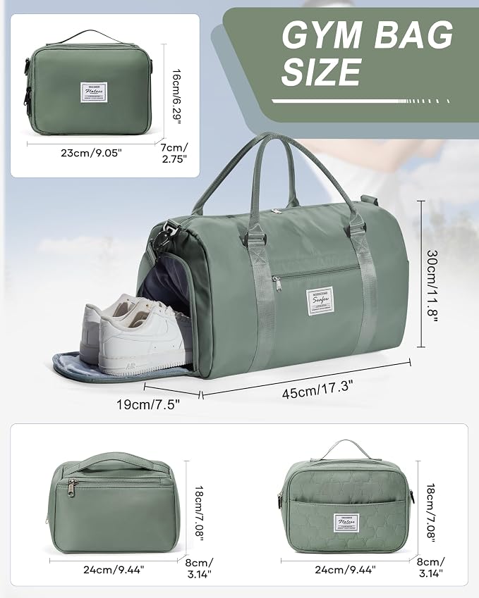 Gym Bag Womens Mens with Shoes Compartment Travel Duffel Bag for Women for Plane Sport Gym Tote Bags Swimming Yoga Weekend Overnight Carry on Bag Hospital Holdalls 4Pcs Set Dark Green