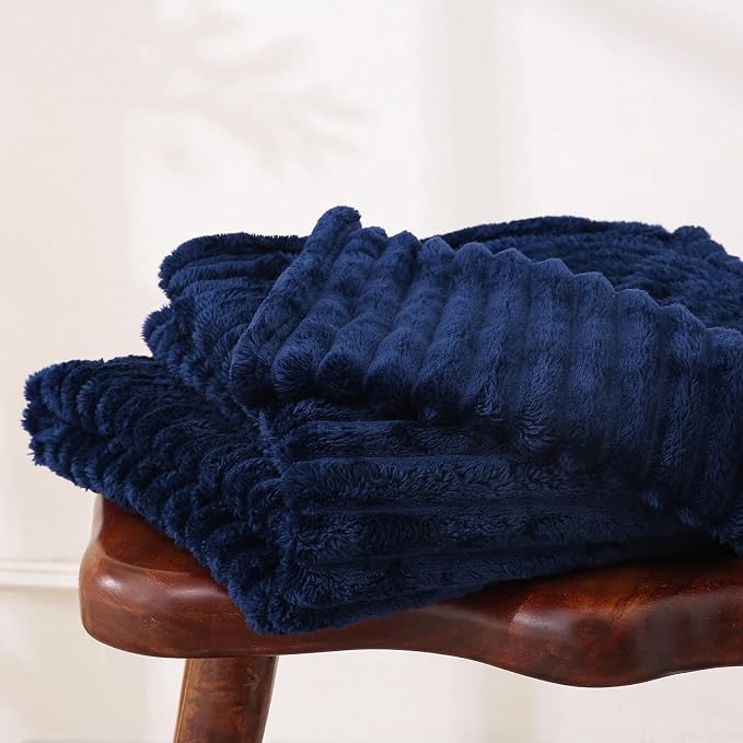 Navy Blue Fleece Throw Blanket 50”×60” for Couch Sofa Livingroom | Super Soft Cozy Plush Microfiber Flannel Bed Blanket Striped Design Lightweight Home Decor Gifts for Adults Mom Women