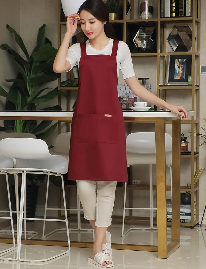 NEWGEM 100% Cotton Cross Back Apron for Women with 2 Pockets - Adjustable Button Straps Pinafore, No Neck Pain Kitchen Chef Apron for Cosmetologist, Hairstylist, Bartender (Burgundy)
