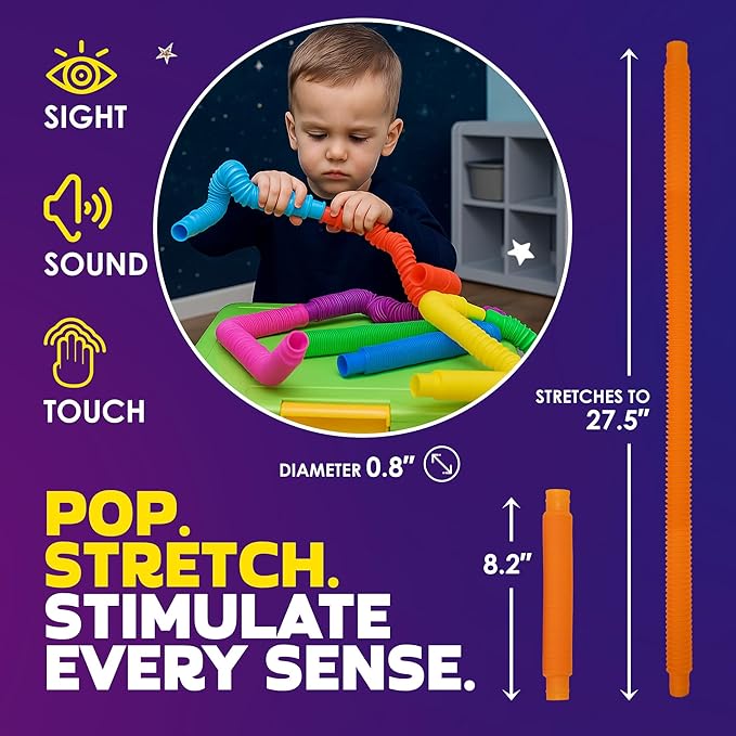 Nutty Toys Pop Tubes - Large 4-Pack Sensory Toys - Creative STEM Learning for Kids & Toddlers - Connect & Pop! Top ADHD Autism Fidget 2026, Best Boy & Girl Valentines Day and Easter Basket Gifts Idea