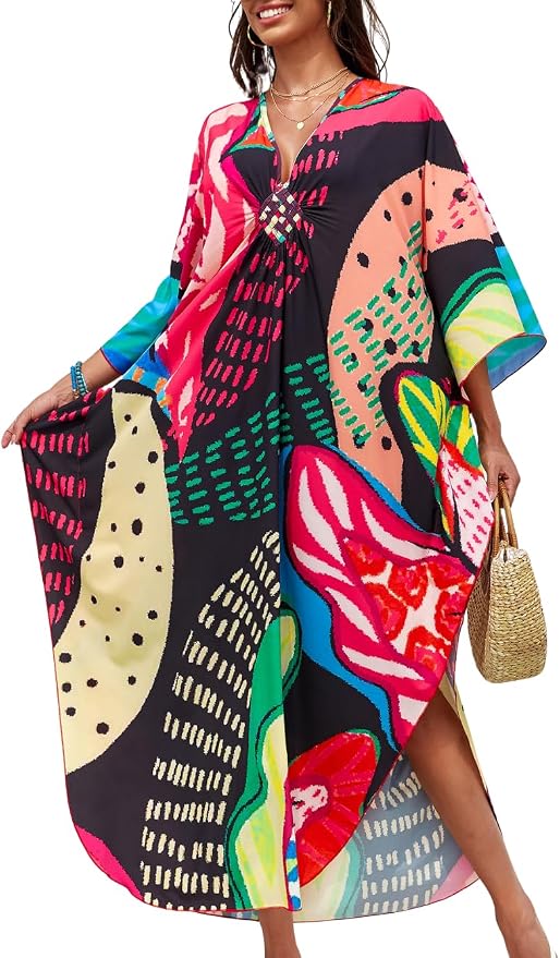 ChiaoLezhee Print Moo-Moos for Women, Kaftan Cover-Up Dresses, Sexy V-Neck High-Slit, Beach Pool-Party Coverups Muumuu Plus