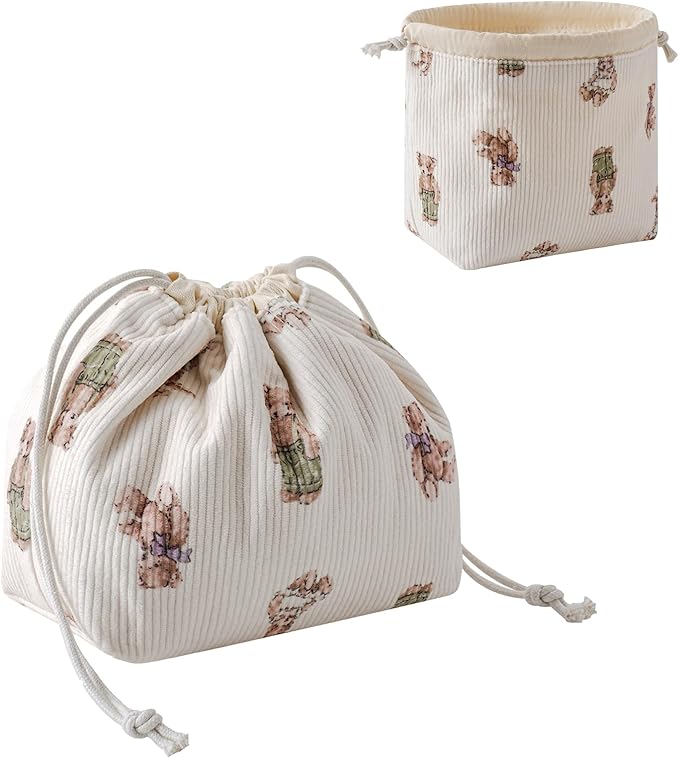 RSRSLEII Aesthetic Corduroy Drawstring Makeup Bag, Cute Coquette Drawstring Cosmetic Bag with Canvas Lining, Bear Pattern Travel Makeup Organizer Case for Women Girls (05 Great Bear)