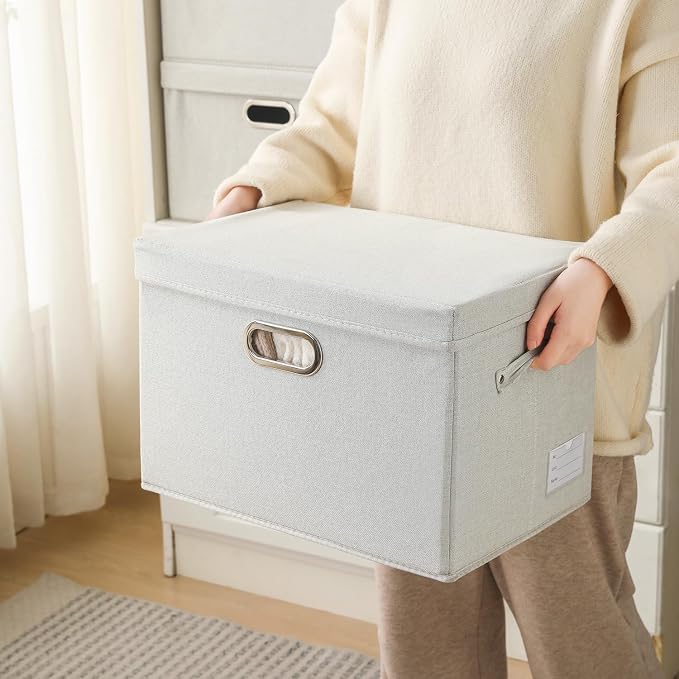 Collapsible Storage Bin with Lid [5-Pack] Fabric Foldable Storage Box Organizer Container Basket Cube with Cover for Home Bedroom Closet Office Beige(15.3x10x9.7)
