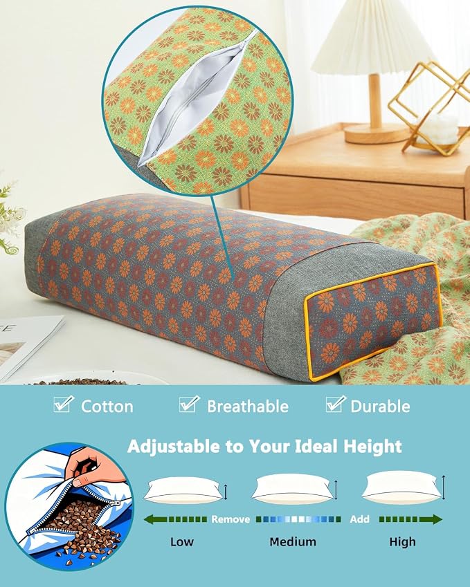 Rectangular Buckwheat Neck Pillows,19.6"x9.8" Flat Cervical Support Pillows for Sleeping, Adjustable Buckwheat Hull Filling for Neck Pain Relief, with Floral Pattern Washable Covers,Gray