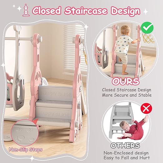 BIERUM Toddler Slide and Swing Set - Baby Slide for Toddlers Age 1-2, with Basketball Hoop, Indoor Outdoor Playset Pink Gray