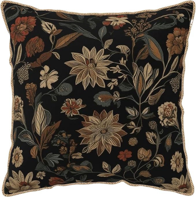 Black Boho Vintage Flowers Velvet Pillow Covers 16x16 Inch Retro Art Brown Floral Throw Pillows for Couch Cushion Covers Pillowcase Farmhouse Bohemian Pillow Cases for Sofa Bed Bedroom