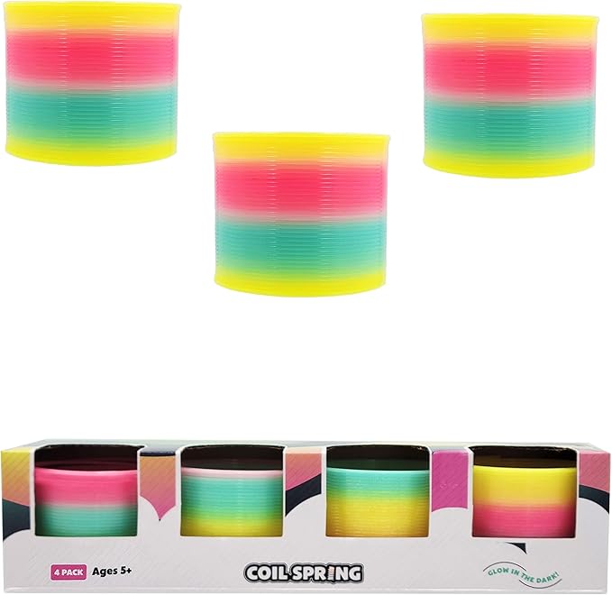 The Dreidel Company Plastic Coil Spring, Glow-In-The-Dark Magic Rainbow Slingy, Party Favor, Birthday Bag Filler, Stocking Stuffers, 3" (80MM) (4-Pack)