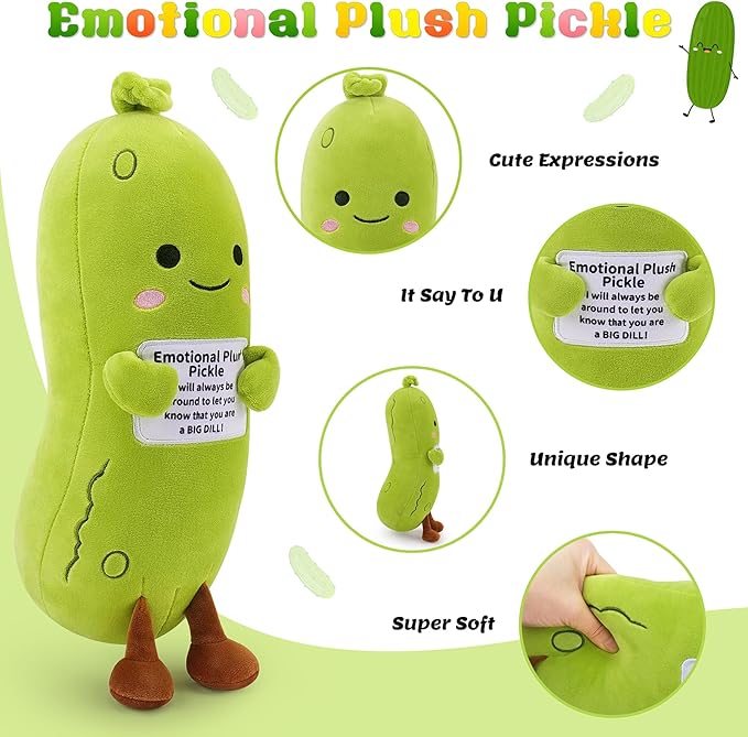 Emotional Plush Pickle,Pickle Stuffed Animal-12.6” Food Plushies Cucumber Stuffed Animal with Positive Warm Words,Kawaii Plush Toy Birthday Gift,Cute Vegetable Plushie Pillow for Kid Adult