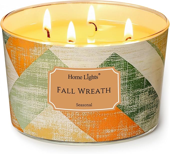 HomeLights Soy Wax Candles for Home Scented, 4-Wick Candles in Fall Wreath Scented, Rustic Modern Aromatherapy Candles Gift for Parties, Relaxing, 18oz