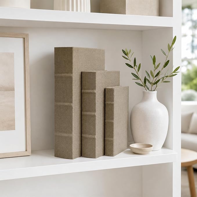Decorative Book Boxes Set of 3, Faux Linen Storage, 13" | Living Room Decor, Bedroom Decor, Office Decor, Bookshelf Display, Coffee Table, Farmhouse, Rustic, Vintage Style