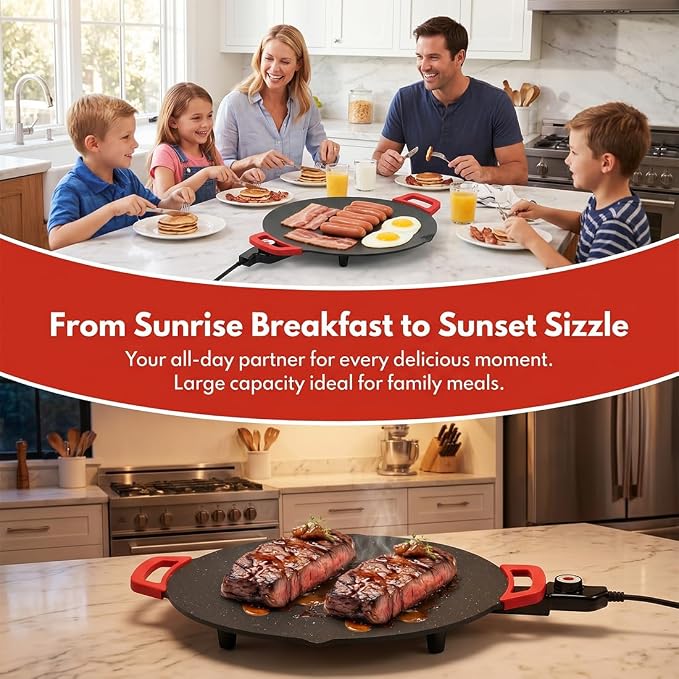 Electric Indoor Grill Nonstick Smokeless, 12/14/16 Inch Korean BBQ Grill with Adjustable Temperature Control, 1000W Fast Heating Round Griddle, Includes Oil Brush & Food
