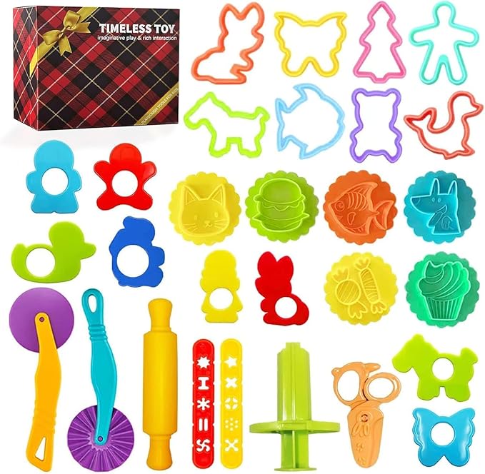29PCS Play Dough Tools Set, Kids Clay Molds Kit with Animal Letters Numbers Cutters Rollers Storage Box, Non-Toxic ASTM F963 Certified, Toys for Toddlers Boys Girls Ages 3-8