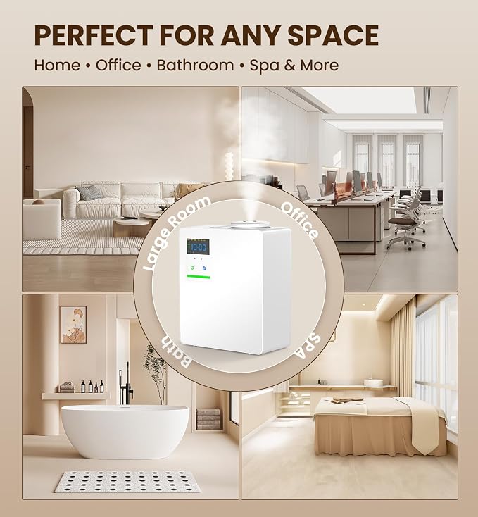 Waterless Essential Oil Diffuser 5000 Sq.Ft for Whole House, 200ml Cold Air Scent Machine with Bluetooth App Control, Quiet No-Heat HVAC Fragrance Diffuser for Home Hotel Office, White