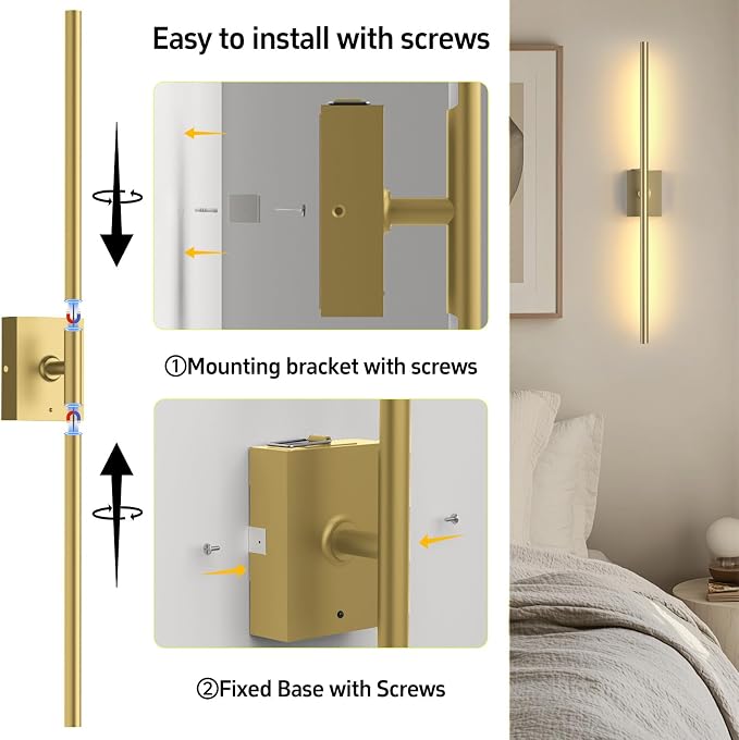 Battery Operated Wall Sconces Set of 2, 10000mAh, Gold | remote control and 360° rotation, for picture display TV wall mirror bedroom or living room home decor