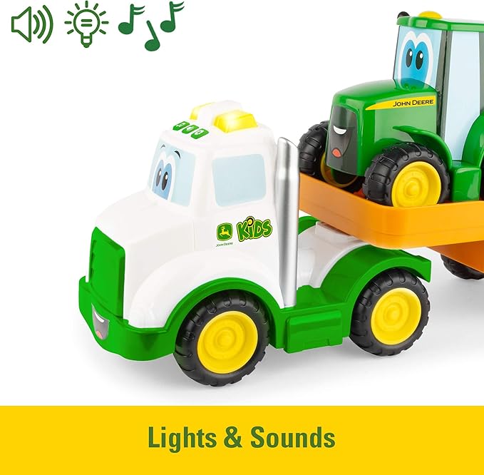 TOMY John Deere Lights & Sounds Farmin' Friends Hauling Set - Includes Toy Truck and Backhoe Tractor Toy for Indoor and Outdoor Play - Preschool Toys Ages 18 Months and Up