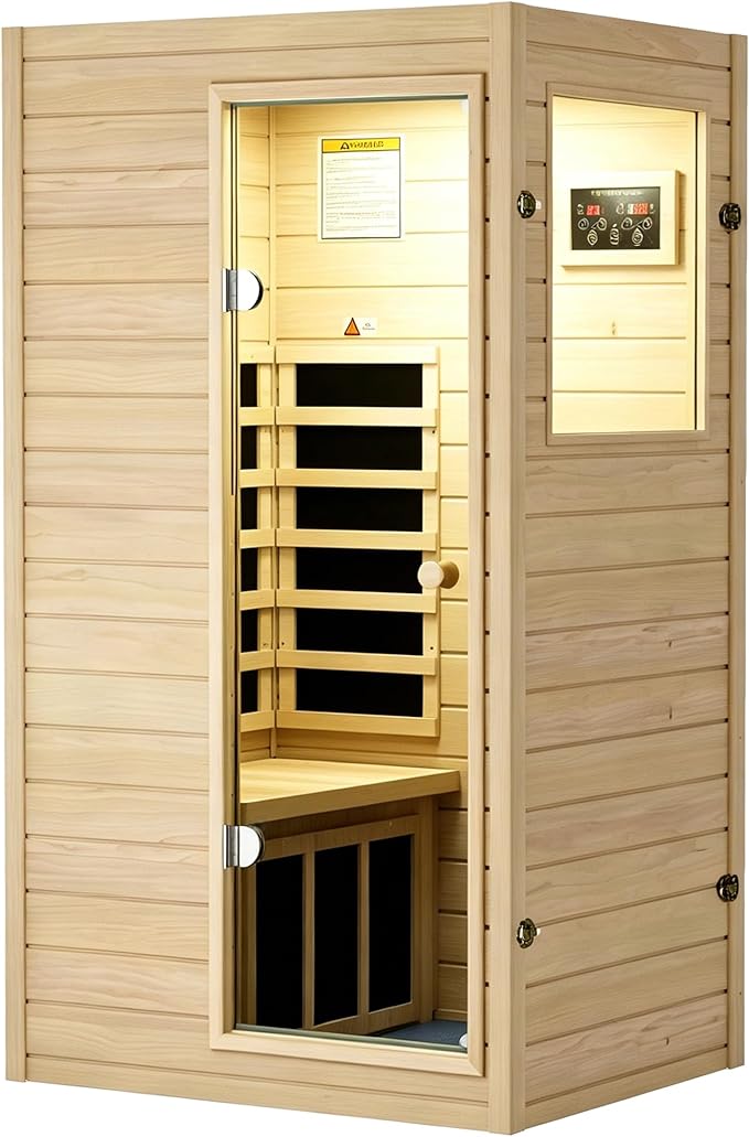 Kanlanth 1 Person Infrared Sauna - Premium European Aspen Wood, 905W Energy Efficient, Low EMF Indoor Sauna, Bluetooth Speakers, Compact Home Spa for Small Spaces, 36.6"x29.3"x63", Right Door