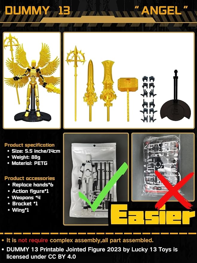 (Assembly Completed) 3D Printed T13 Action Figure, 5.5 Inch Multi-Jointed Movable Dummy 13 Toy,Dummy 13 Robot Action Figure with Lots of Weapons ﻿, Gold