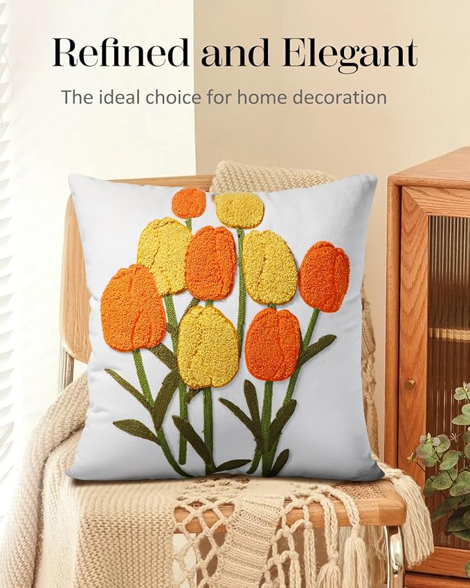 Embroidered Throw Pillow Cover - 18x18 Decorative Pillow Cover with Zipper Aesthetic Cute Design Boho Spring Summer Cozy Throw Pillowcase for Living Room Couch Sofa Bed, Yellow Tulips