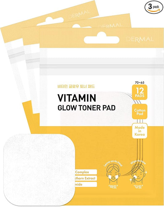 DERMAL Vitamin Toner Pad - Korean Toner Pad for Skin Glow & Vitality Improvement with Vitamin C - Vegan Pure Cotton Square Pads - Travel Kit 12 ea, 3 Pack (Total 36 ea)