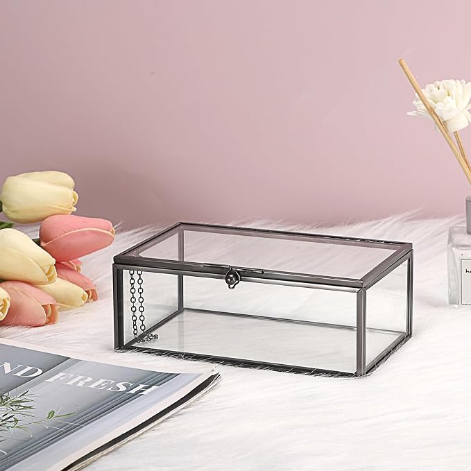 Hipiwe Vintage Glass Keepsake Box Clear Jewelry Display Lidded Box with Lid | Rectangle Glass Box Organizer for Home Decor and Storage of Trinket Rings Bracelet - Black, Small
