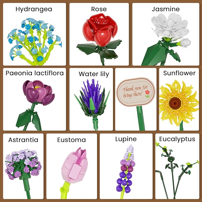 Flowers Bouquet Building Set, Botanical Collection Artificial Flower with Vase, Rose, Sunflower, Hydrangea, Jasmine for Home Decor, Plants Gifts for Mother's Day Anniversary Adults Women Girls