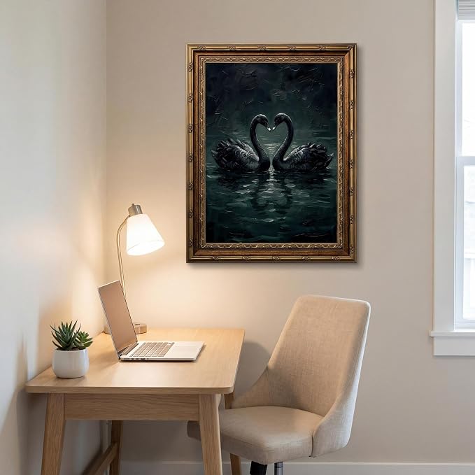 Vintage Gold Framed Gothic Wall Art Moody Love Black Swan Canvas Print | Dark Academia Swan Painting Print, Romantic Vintage Animal Poster Picture Wall decor for Bedroom Living Room Office 8x10 In