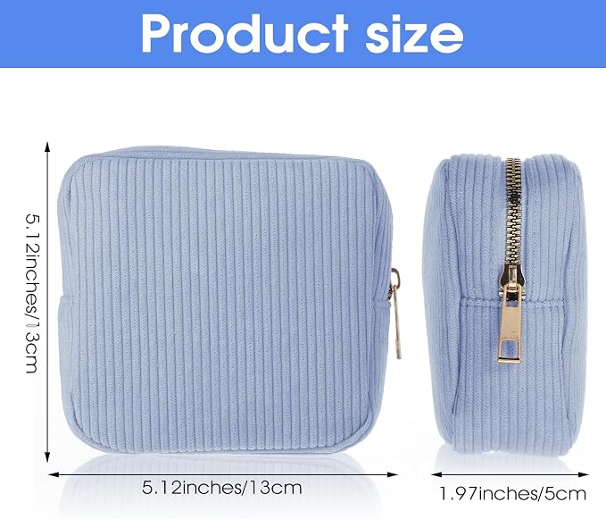 Xinjoduz 1 PCS Sanitary Napkin Storage Bag, Mini Makeup Bag with Zipper Corduroy Period Bags for Teen Girls for School Small Square Cosmetic Pounch Menstrual Pad Bag Tampon Holder for Purse (Blue)