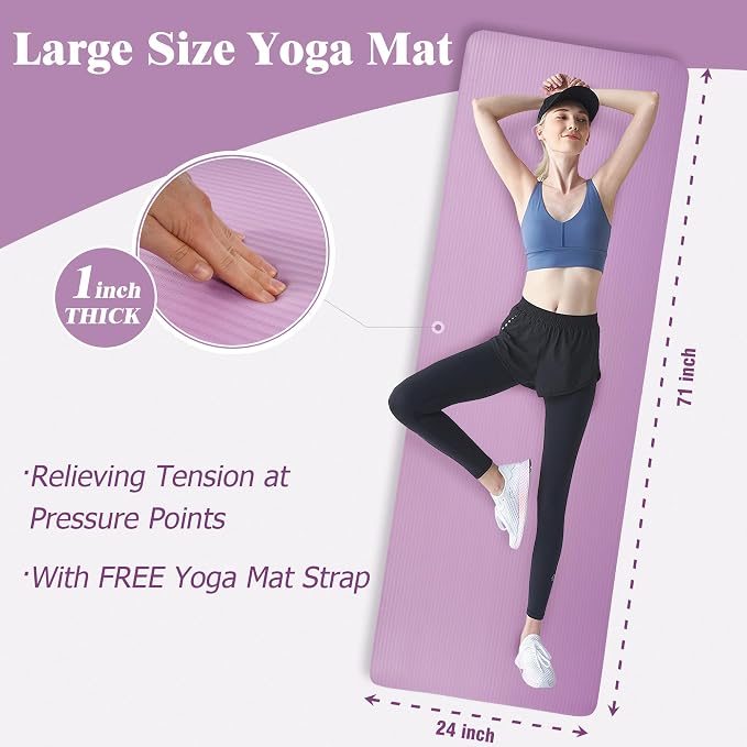 Fitvids 1 Inch Thick Yoga Mat 71x24 Inch - Non Slip Workout Mat with Carry Strap, Multiple Colors - Versatile Exercise Mat for Home, Gym, Pilates, Meditation - For All Skill Levels
