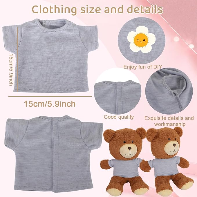 8 - Pack Gray Blank T - Shirts for 17 - 18 Inch Bears | Thick DIY Stuffed Animal Canvas Clothes (Gray)