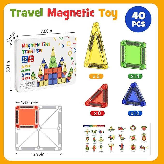 Portable Magnetic Tiles for Kids Travel - 40pcs STEM Building Blocks with Visual Storage Guide & Metal Box Play Base, Toddler Airplane Activities Toys for Ages 3-5,4-8, Compact Travel Toys