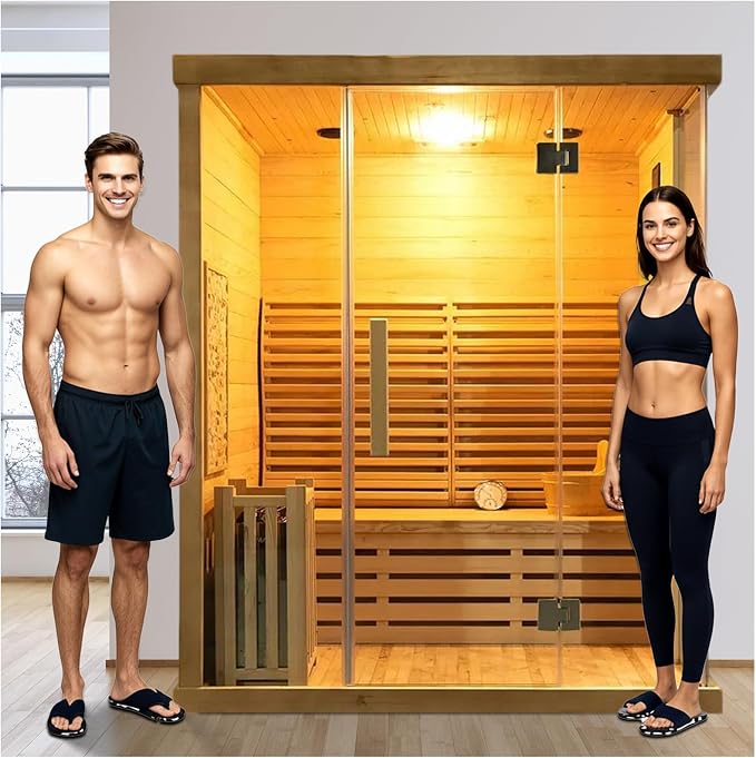 Smartmak Wood Home Traditional Steam Sauna, WiFi Control 4 Person Luxurious Indoor Canadian Hemlock Wooden Spa Room, with 6 kw Heater, Backrest, Bluetooth Speaker, Rocks, Water Bucket, Spoon, Lights
