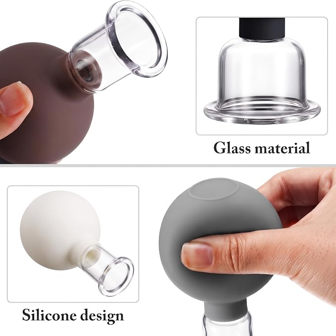 BBTO 4 Pcs Glass Facial Cupping Set Silicone Vacuum Suction Massage Cups Skin Tightening Therapy for Face Body Eyes Back Shoulder Pain (Classic)