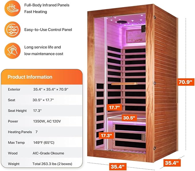 1 Person Infrared Sauna Low EMF Far Infrared Sauna with Speakers Personal Indoor Dry Sauna Room for Home Gym Spa