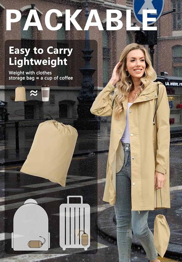 Zando Long Packable Rain Jacket Women Waterproof Raincoat with Hood | Relaxed-Fit Lightweight Windbreaker for Women; Travel Rain Coats for Commute, Hiking, Cruise, and Daily wear
