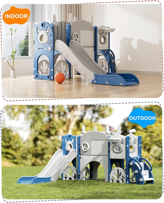 XJD Toddler Slide,13 in 1 Kids Slide for Toddlers, New Upgrade with Golf Set, Basketball Hoop, Drawing Board for Indoor Outdoor Playset,Toddler Playground (Blue Gley)