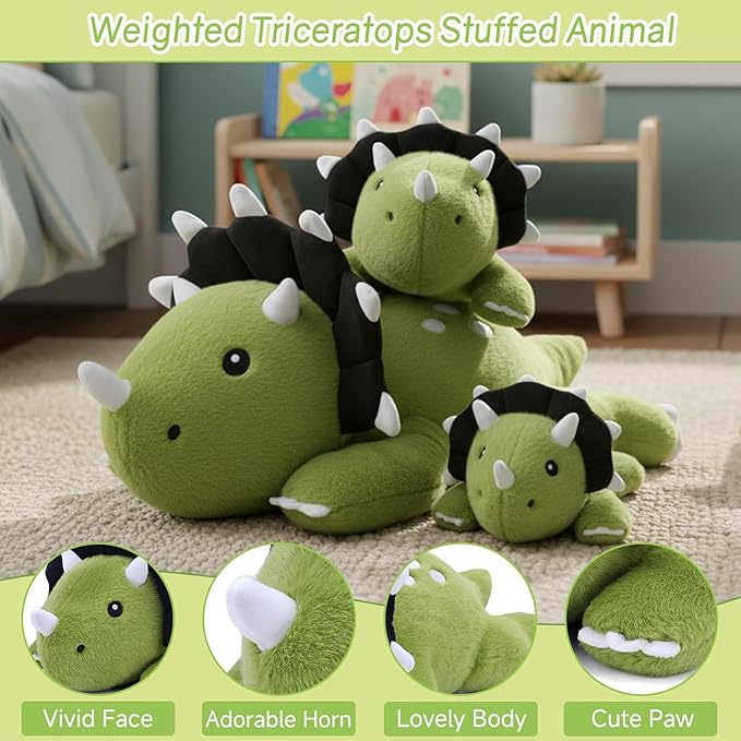 SQEQE Weighted Triceratops Dinosaur Plush, Weighted Stuffed Animal Dinosaur for Comforting Hugs, Soft Plushie Toy Pillow Gift for Kids, Valentines Birthday Decoration 9.8 Inch, 0.8 Lb