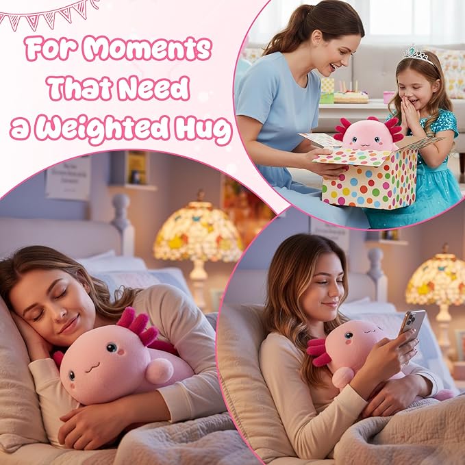 SQEQE Weighted Stuffed Animal Axolotl, Soft Weighted Axolotl Plush Toy, Cute Hugging Pillow Gift for Kids Adults, Home Decoration Valentines Gifts Birthday Present 13.8 Inch, 1.7 Lb