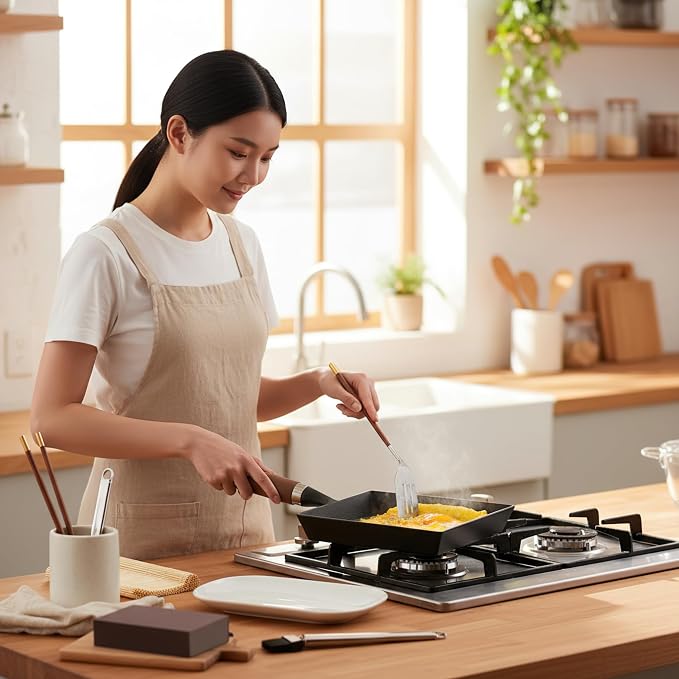 Japanese Cast Iron Tamagoyaki Pan - Pre-Seasoned, Liquid Nitrogen Treated, Non-Rust, Ready to Use, Detachable Wood Handle, Oven Safe, for Omelets, Steak & Camping, Chemical-Free Non-Stick,9x7 Inch