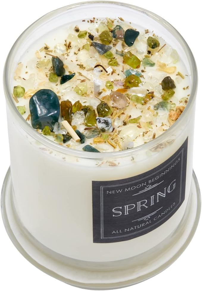 Spring Candle by New Moon Beginnings - Rosemary & Citrus Candle - Soy Candle - All Natural Aromatherapy Essential Oil Candle - Herb & Crystal Candle - Energy Cleansing Candle - 12 oz Glass Jar