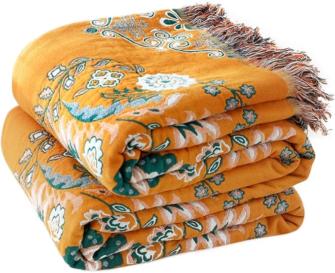 LUTBM Boho Throw Blanket for Bed 100% Cotton Soft Lightweight Quilt Reversible Summer Blanket Floral Embroidery Home Decor Bed Blankets,90"x98" All Season Blankets for Sofa Couch Chair